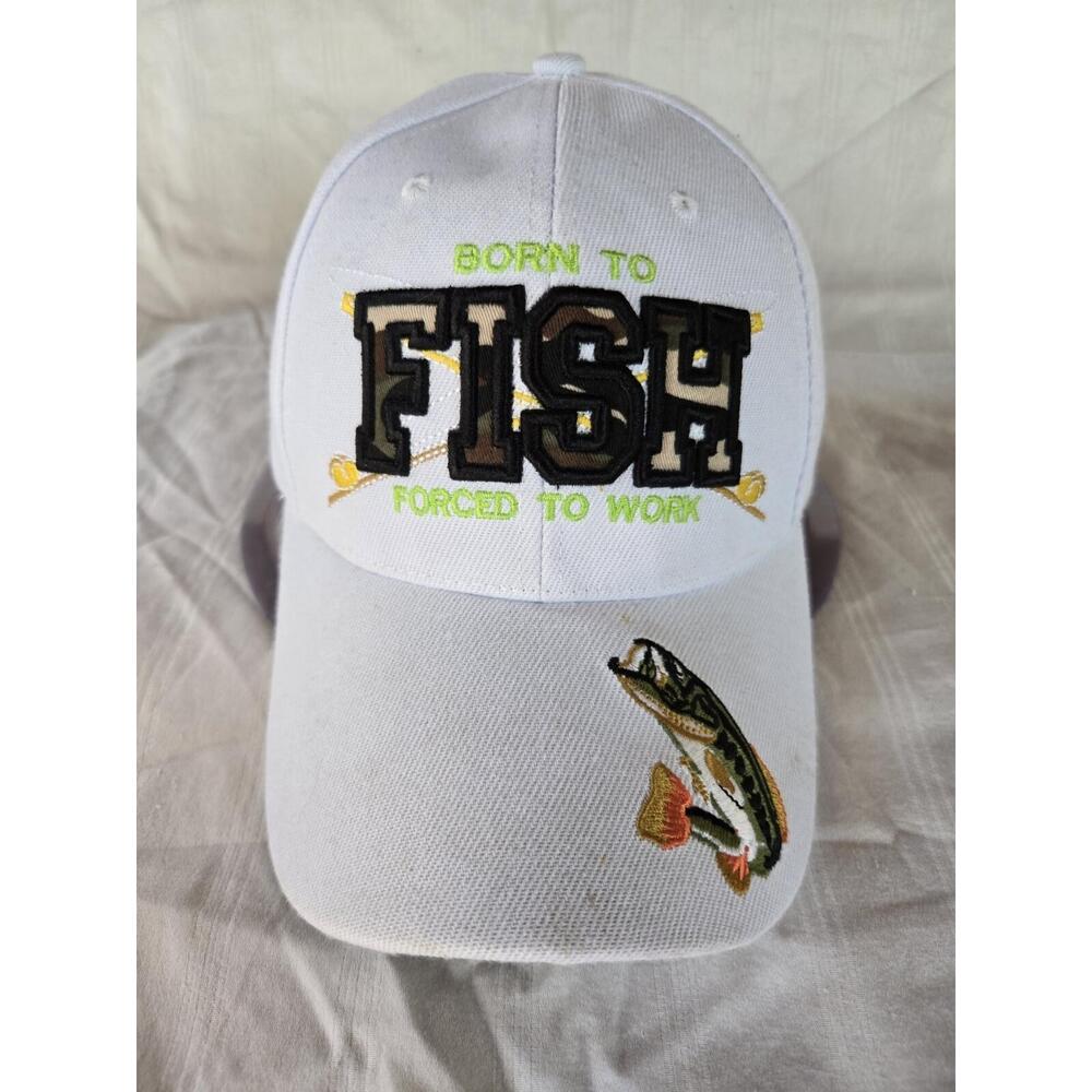 New Born To Fish Forced to Work Baseball Hat with Adjustable Strap. Small Stains